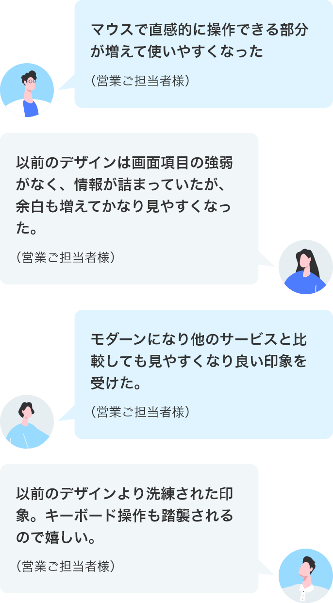 以前のデザインは画面項目の強弱がなく、情報が詰まっていたが、余白も増えてかなり見やすくなった。（経理部門　ご担当者様） マウスで直感的に操作できる部分が増えて使いやすくなった。（営業ご担当者様） モダーンになり他のサービスと比較しても見やすくなり良い印象を受けた。（情報システム部門　ご担当者様） 以前のデザインより洗練された印象。キーボード操作も踏襲されるので嬉しい。（情報システム部門　ご担当者様）